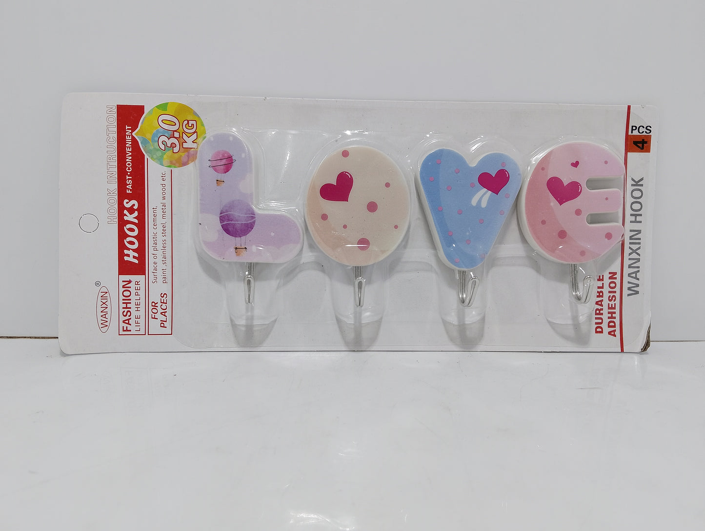 Set of Four 'LOVE' Themed Adhesive Wall Hooks