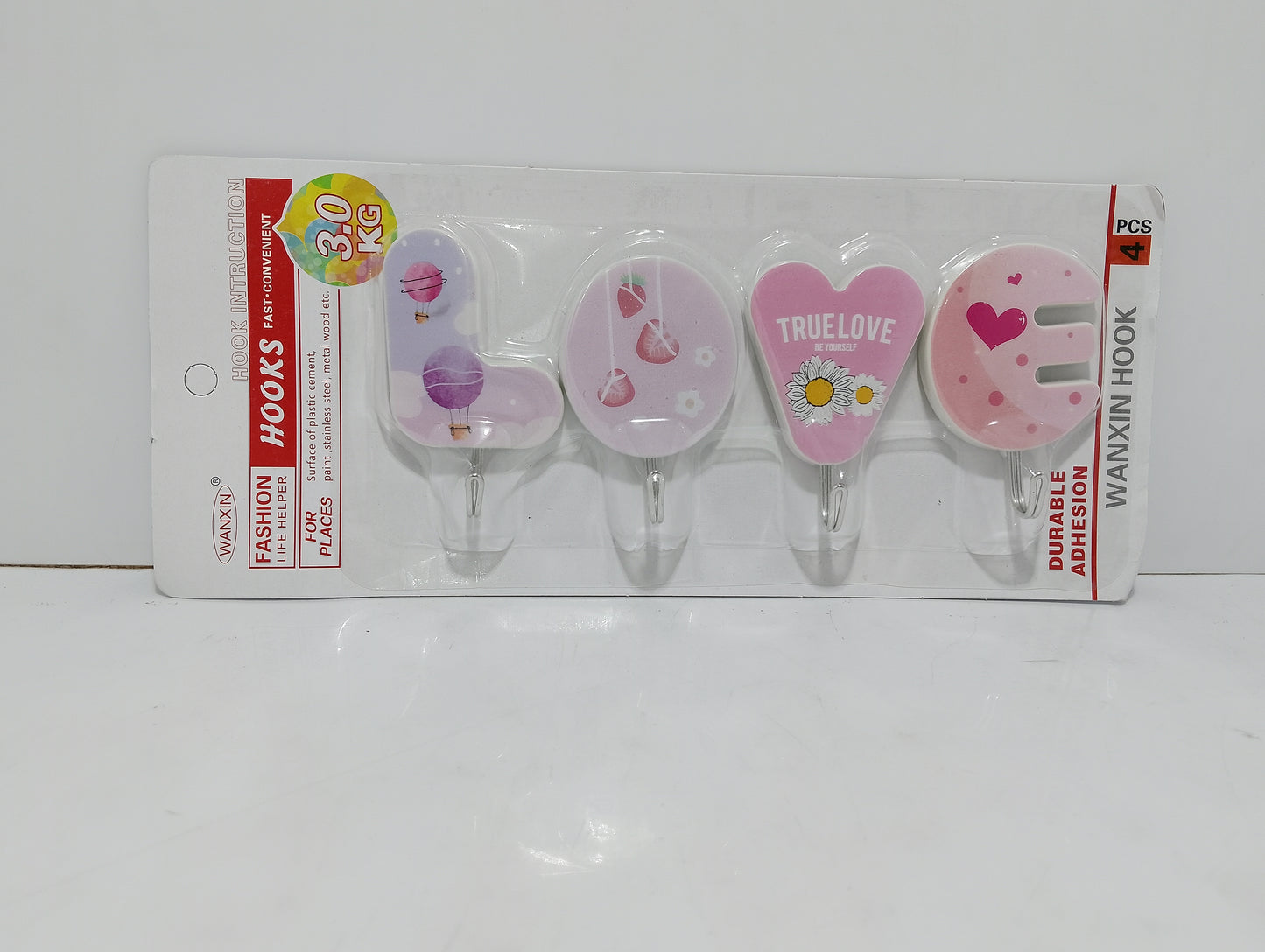 Set of Four 'LOVE' Themed Adhesive Wall Hooks