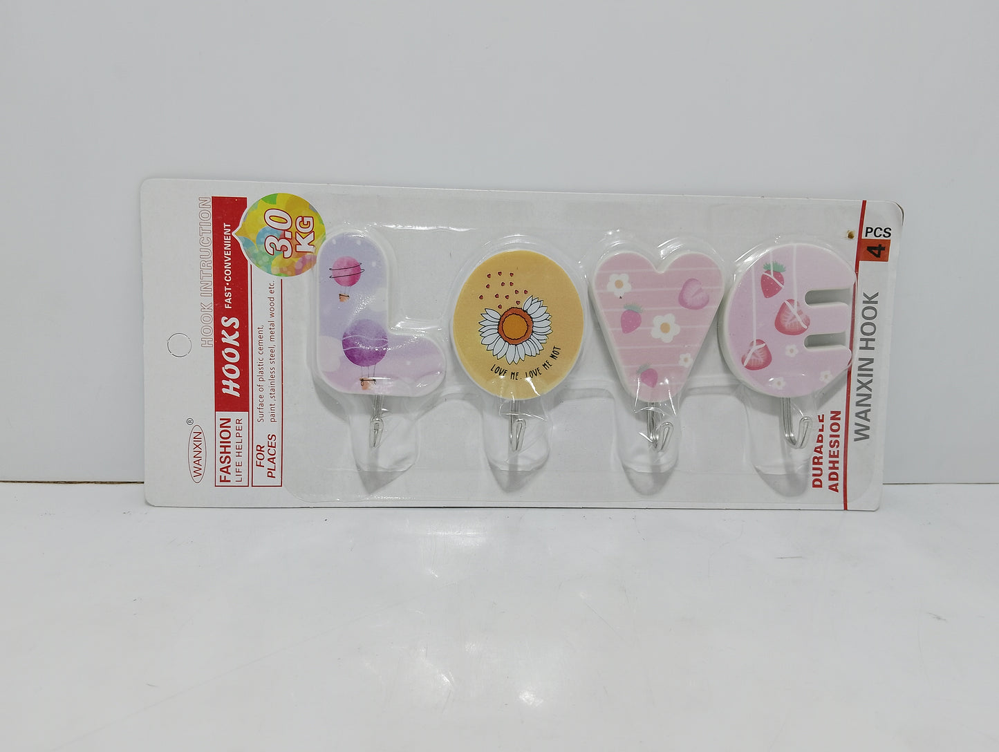 Set of Four 'LOVE' Themed Adhesive Wall Hooks