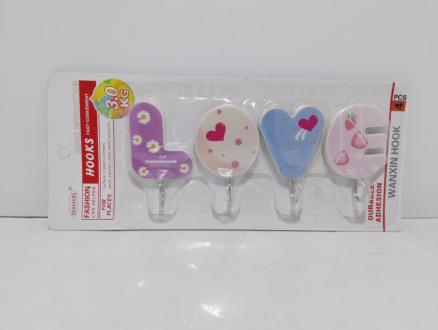 Set of Four 'LOVE' Themed Adhesive Wall Hooks