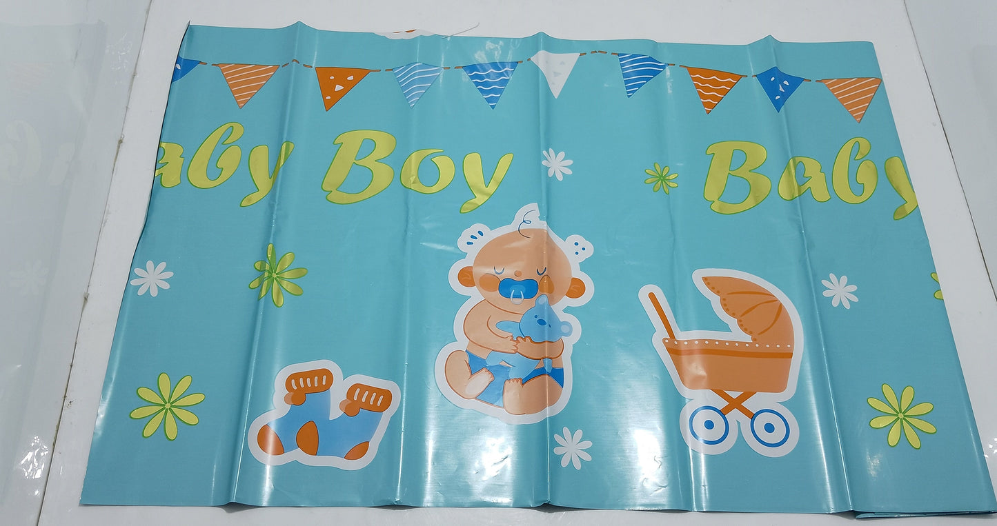 Baby Shower Table Cover - Cute Blue Design with Teddy Bear and Stroller