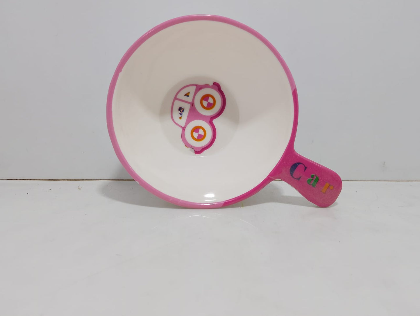 Colorful Pink Kids Bowl with Car Design and Handle